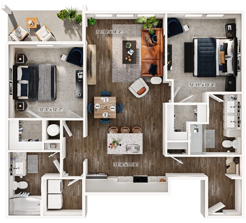 Floor plan for 2 beds, 2 baths, 1174 sqft